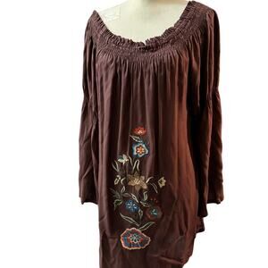 Avani Boho Embroidered Off-The-Shoulder Tunic Top Dress Brown Viscose, Size XL